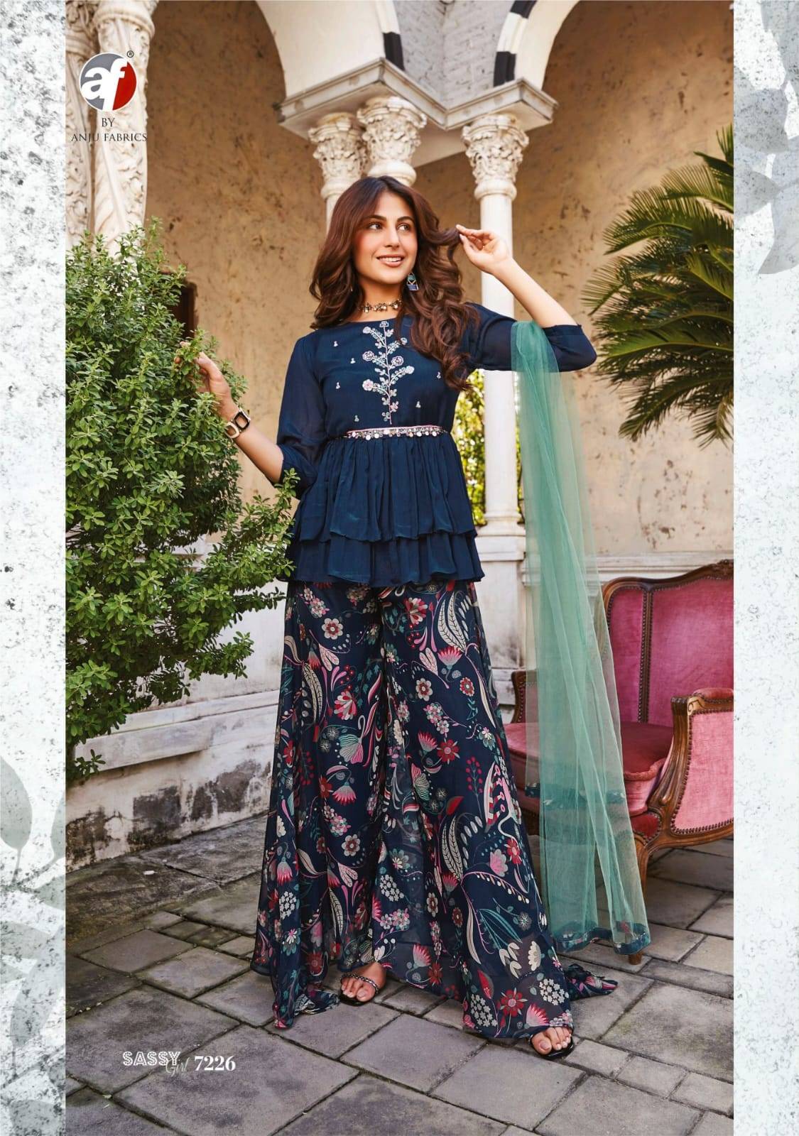 Sassy girl vol-3 by Anu fabrics 7221 TO 7226 SERIES Indian PURE CHINON CHIFFON party wear designer kurti with palazo At Wholesale Price